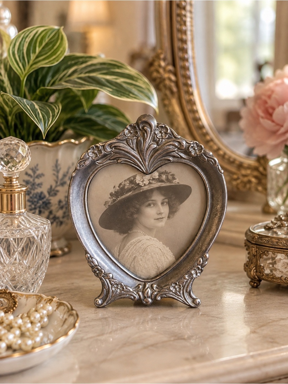 Vintage Sheffield Silverplate Heart Picture Frame Art Nouveau Floral Miniature